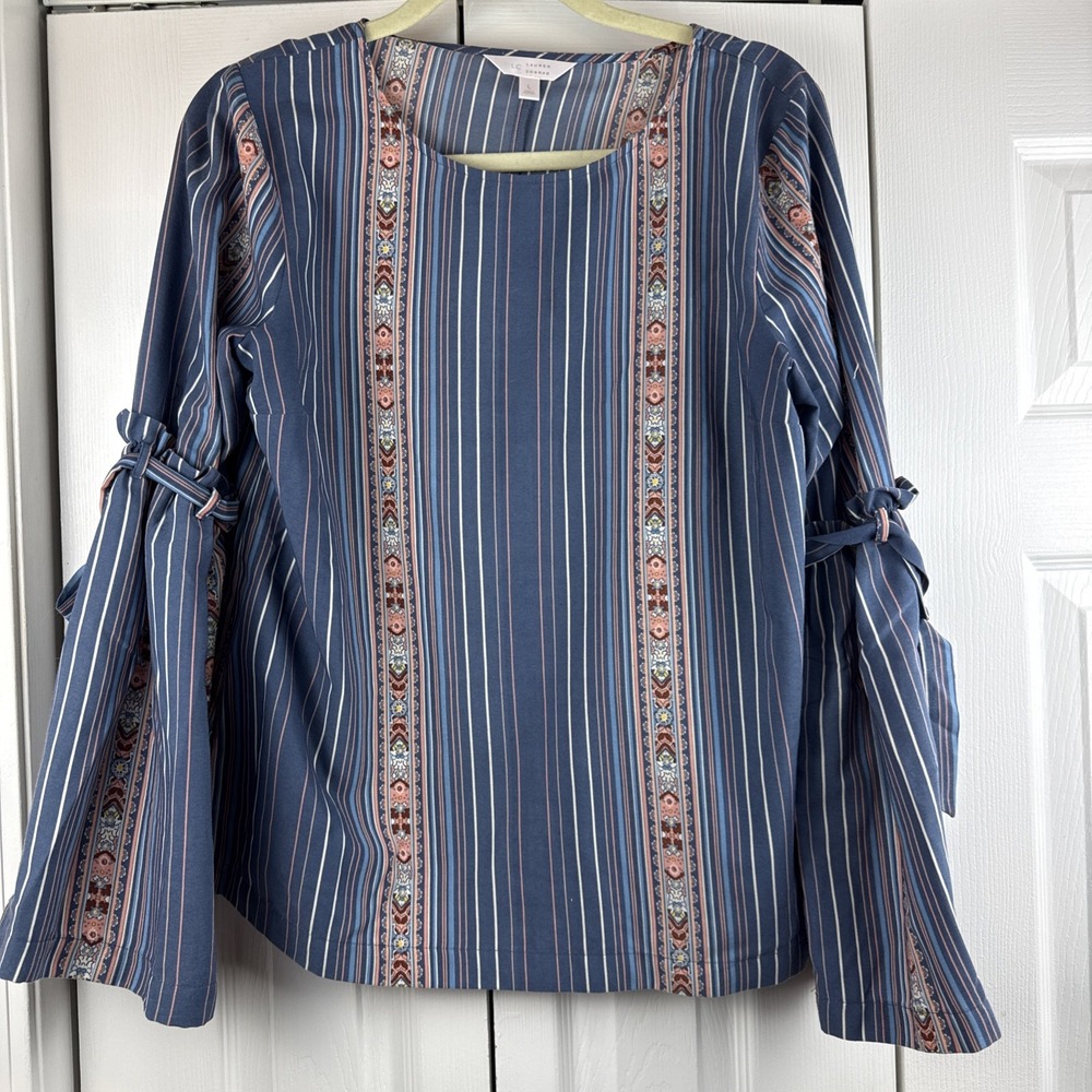 Lauren Conrad Women's Size Large  Blue Peach Striped Long Tie Sleeve Blouse BOHO
